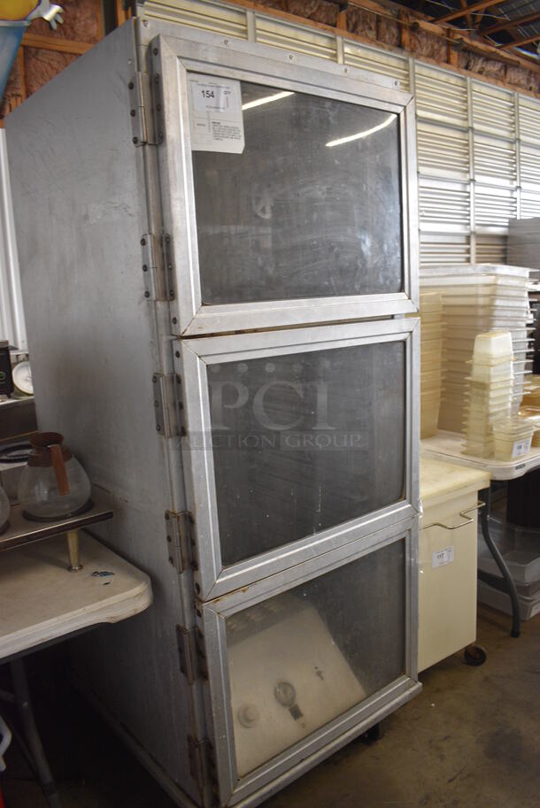 Metal Commercial Heated Warming Cabinet on Commercial Casters. 29x32x72. Cannot Test Due To Exposed Wire.