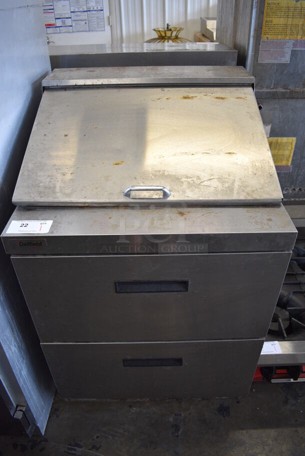 Delfield Model D4427N-12M Stainless Steel Commercial Sandwich Salad Prep Table Bain Marie Mega Top on 2 Drawers on Commercial Casters. 115 Volts, 1 Phase. 27x32x45. Tested and Working!