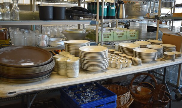 ALL ONE MONEY! Lot of Various Items on Tabletop Including Serving Trays, Ceramic Plates, Ceramic Espresso Mugs