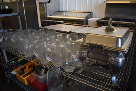 ALL ONE MONEY! Tier Lot of Various Items Including Metal Chafing Dish and Poly Pitchers