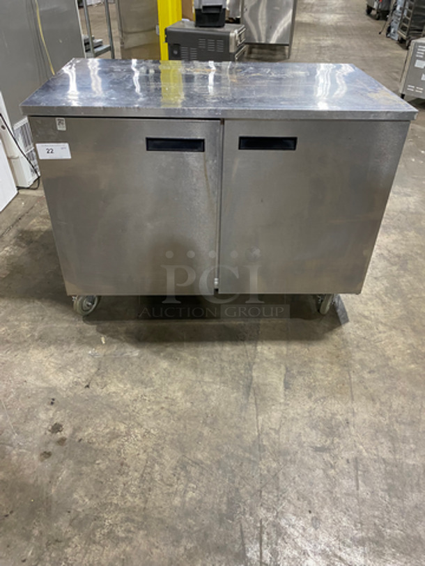 COOL! Delfield Manitowoc Commercial 2 Door Lowboy/Worktop Cooler! With Poly Coated Racks! All Stainless Steel! On Casters! Model: UC4048STAR SN: 1504152000008 115V 60HZ 1 Phase