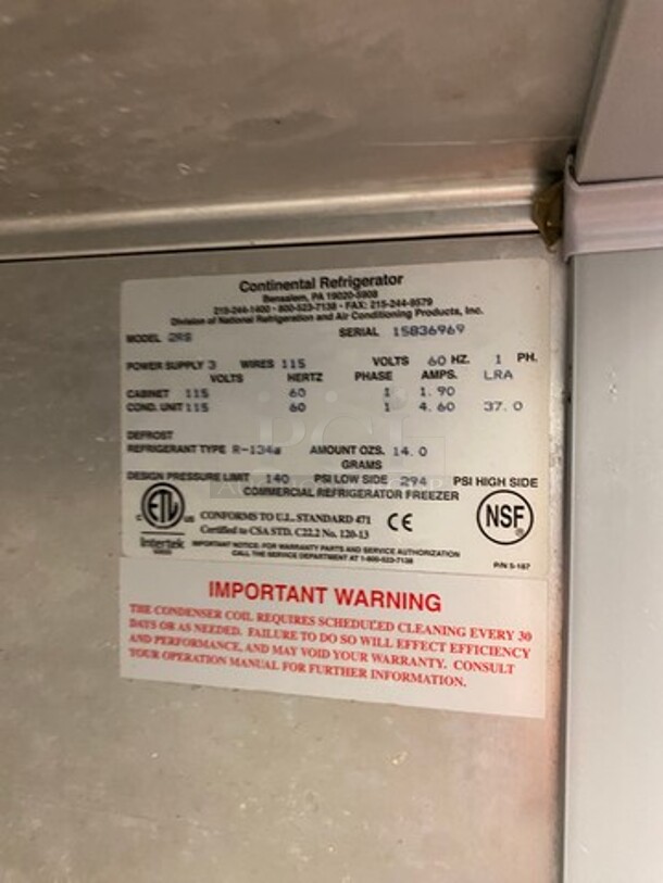 Continental Commercial 2 Door Reach In Cooler! With Poly Coated Racks! All Stainless Steel! On Casters! WORKING WHEN REMOVED! Model: 2RS SN: 15836969 115V 60HZ 1 Phase - Image 7 of 8