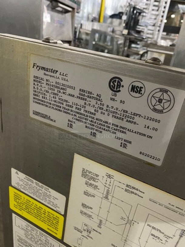 Frymaster Commercial Natural Gas Powered 2 Bay Deep Fat Fryer With Middle Dumping Station! With Back Splash! All Stainless Steel! On Casters! Model: FM245EBLMSC SN: 0012GI0052 - Image 9 of 11