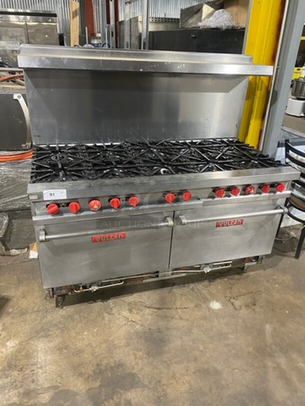 Vulcan Commerical Natural Gas Powered 10 Burner Stove! With Raised Back Splash And Salamander Shelf! With 2 Oven Underneath! All Stainless Steel! On Legs!