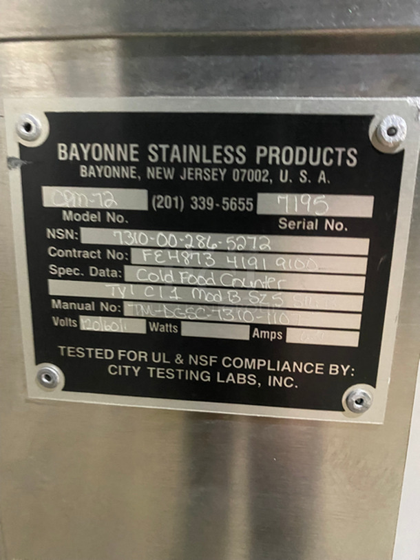 NEW! NEVER USED! Bayonne Commerical 5 Bay Cold Pan/Cold Food Buffet Counter! With Folding Serving Counter! With 2 Shelf Storage Underneath! All Stainless Steel! On Legs! Model: CPM-72 SN:7195 120V 60HZ 1 Phase! - Image 10 of 11