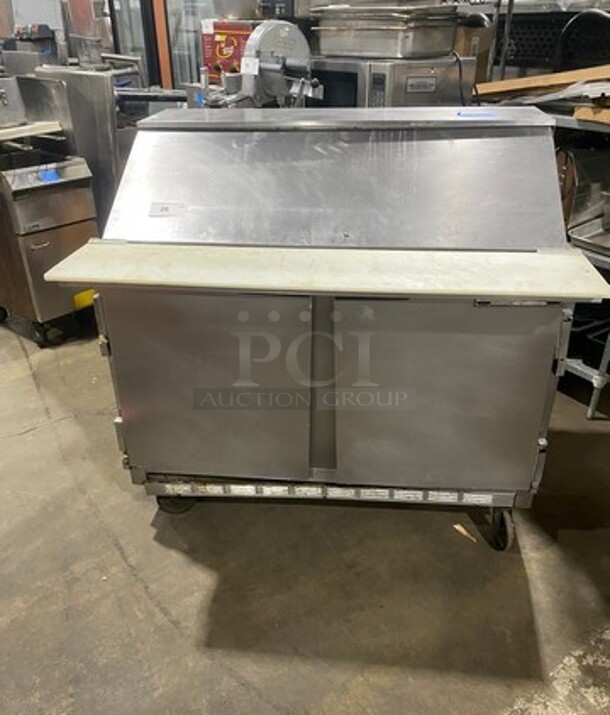 Beverage Air Commercial Refrigerated Sandwich Prep Table! With Commercial Cutting Board! With 2 Door Underneath Storage Space! All Stainless Steel! On Casters! Model: SP4818M SN: 6810332 115V 60HZ 1 Phase