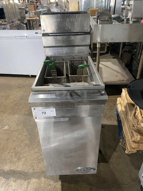 DCS Commercial Natural Gas Powered Deep Fat Fryer! With 2 Frying Baskets! All Stainless Steel! On Legs! Model: DCSFSF40N SN: 04C02444A