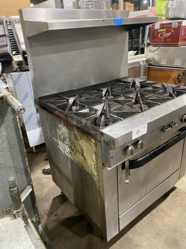 Commercial Natural Gas Powered 6 Burner Stove! With Raised Back Splash And Salamander Shelf! With Oven Underneath! All Stainless Steel! On Legs! - Image 2 of 10