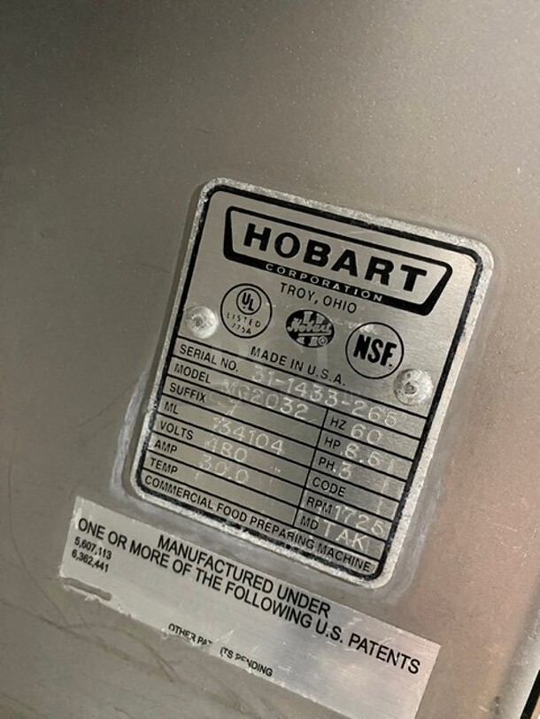 Hobart Stainless Steel Commercial Floor Style Electric Powered Meat Mixer Grinder! MODELMG2032 SN:311433265 480V 3PH - Image 9 of 10