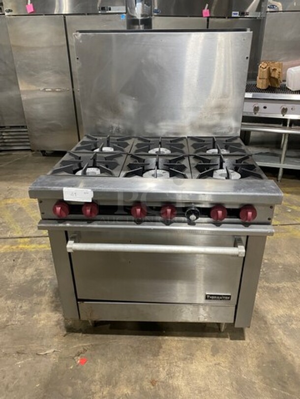 Therma Tek Commercial Natural Gas Powered 6 Burner Stove! With Raised Back Splash! With Oven Underneath! All Stainless Steel! On Legs!