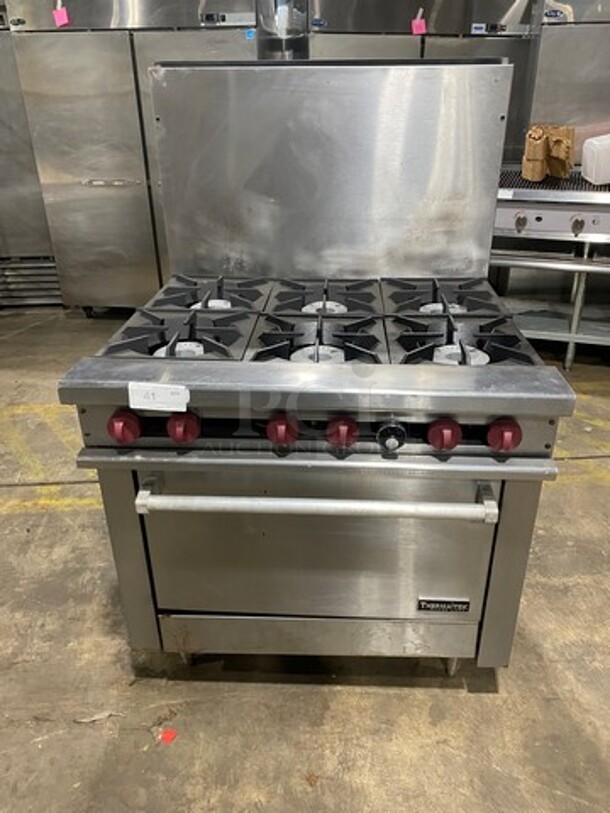 Therma Tek Commercial Natural Gas Powered 6 Burner Stove! With Raised Back Splash! With Oven Underneath! All Stainless Steel! On Legs! - Image 1 of 10