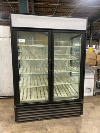 NICE! True Commercial 2 Door Reach In Cooler Merchandiser! With View Through Doors And Sides! With Poly Beverage Racks! Model: GEM49 SN: 14438952 115V 60HZ 1 Phase