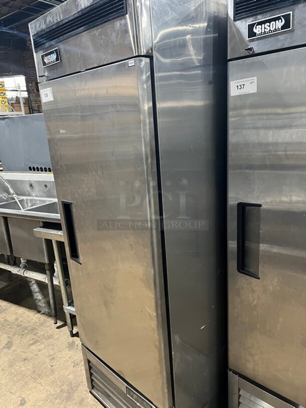 2019 Bison Commercial Single Door Reach In Cooler! Poly Coated Racks! All Stainless Steel! With Casters! Working When Removed! MODEL BRR21 SN:BRR2100319061900K80014 115V 1PH - Image 8 of 8