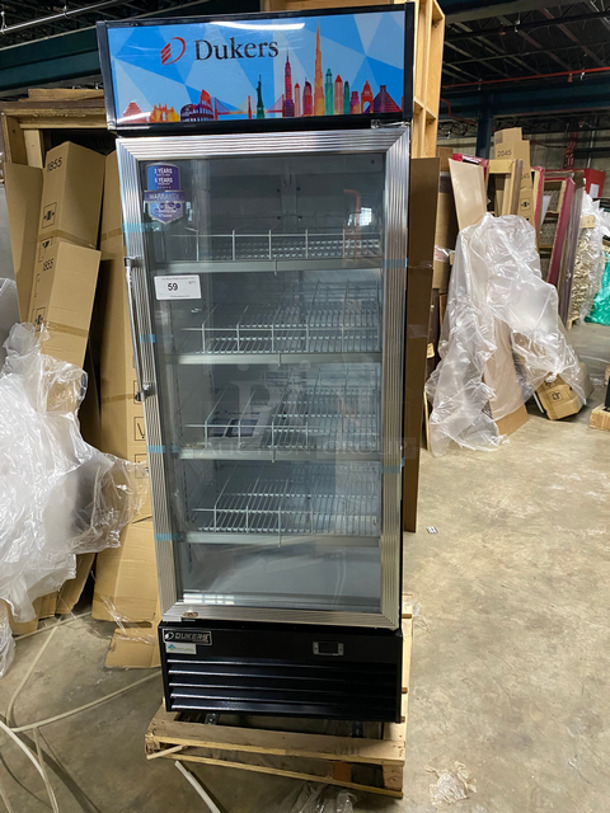 SCRATCH & DENT! Dukers Commercial Single Door Reach In Refrigerator Merchandiser! With View Through Door! With Poly Coated Drink Racks! Powers On, Doesn't Go Down To Temp! Model: DSM12R 115V 60HZ 1 Phase