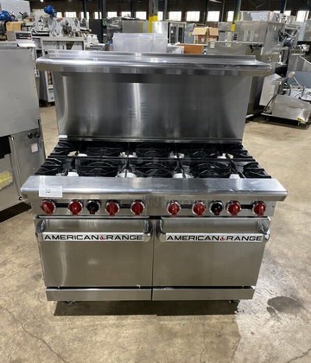 LATE MODEL! American Range Natural Gas Powered 8 Burner Stove! With 2 Oven Underneath! With Raised Back Splash And Salamander Shelf! All Stainless Steel! On Casters! WORKING WHEN REMOVED! Model: AR8 SN: 190712016