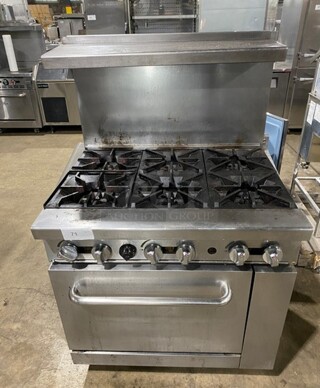 Stainless Steel Commercial Gas Powered 6 Burner Range w/ Oven, Over Shelf and Back Splash on Commercial Casters!