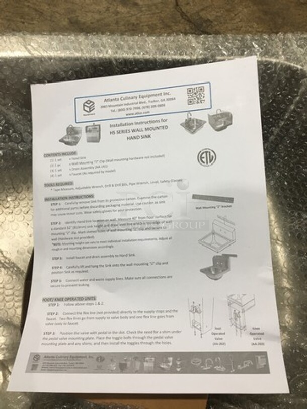 NEW! IN THE BOX! Atlanta Culinary Wall Mount Hand Sink! All Stainless Steel! - Image 4 of 5