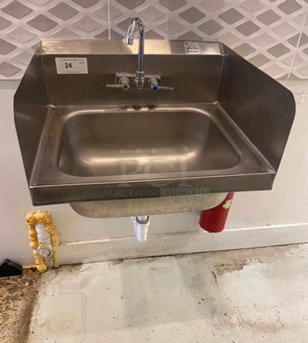 Advance Tabco Commercial Stainless Steel Hand Sink! With Raised Back And Side Splashes! With Faucet And Handles!