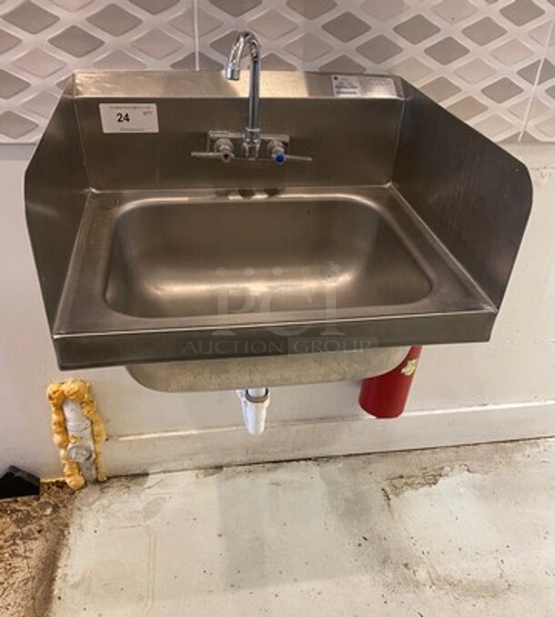 Advance Tabco Commercial Stainless Steel Hand Sink! With Raised Back And Side Splashes! With Faucet And Handles! - Image 1 of 6
