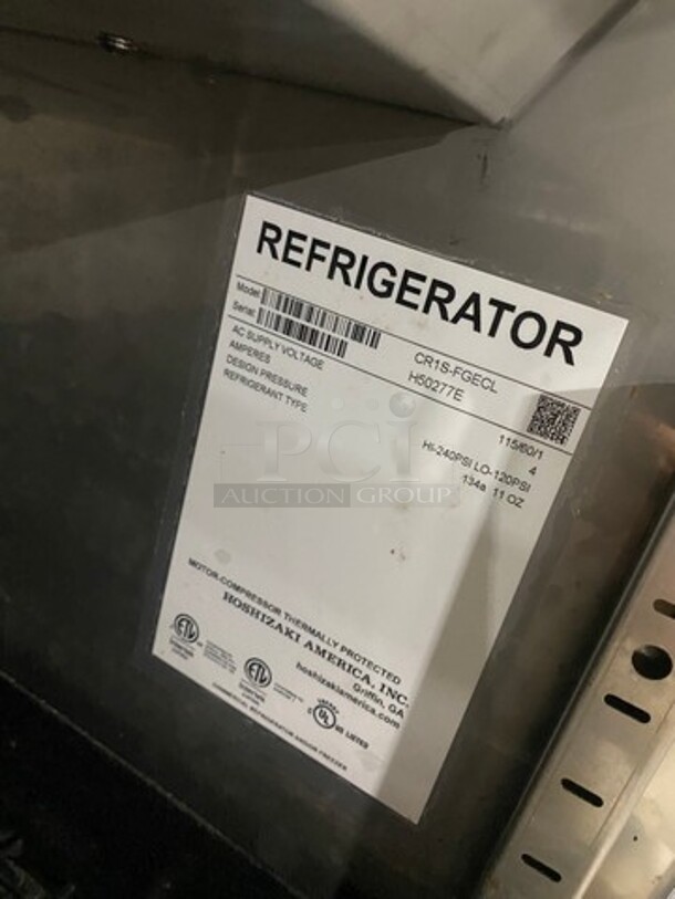 Hoshizaki Commercial Single Door Reach In Cooler! With View Through Door! Poly Drink Racks! Stainless Steel Body! On Casters! Model: CR1SFGECL SN: H50277E 115V 60HZ 1 Phase - Image 7 of 9