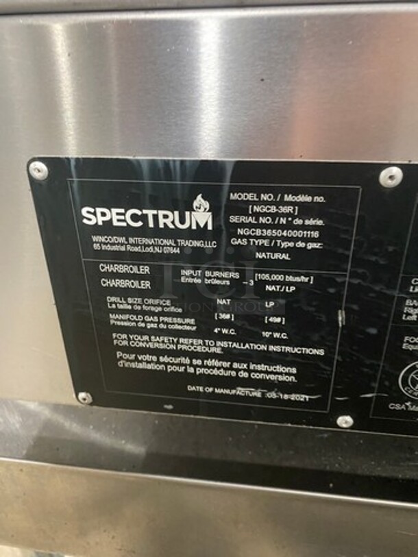 LATE MODEL! 2021 Spectrum Commercial Natural Gas Powered Char Broiler Grill! With Back And Side Splashes! On Small Legs! On Equipment Stand! With Storage Space Underneath! All Stainless Steel! On Legs! Model: NGCB36R SN: NGCB365040001116 - Image 9 of 10