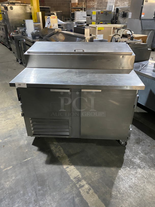 Leader Commercial Refrigerated Pizza Prep Table! With 2 Door Underneath Storage Space! All Stainless Steel! On Casters! Model: PT48SC SN: NH060158 115V 60HZ 1 Phase