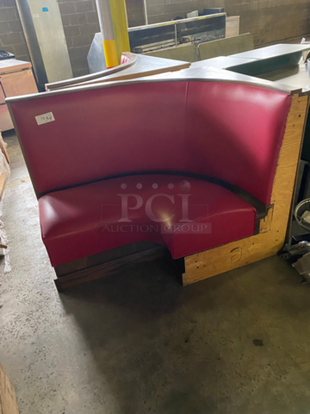NEW! Single Sided Curved Red Cushioned Booth Seat! With Wooden Outline! Perfect For In The Corner Placement! 4x Your Bid! Can Be Connected With Any Of The Booths Listed!