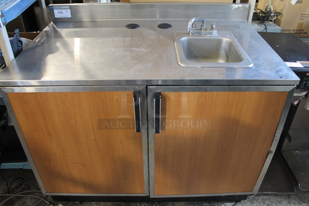 Duke Stainless Steel Commercial Counter w/ Sink Basin, Faucet, Handle, Back Splash and 2 Wood Pattern Doors. - Image 1 of 6