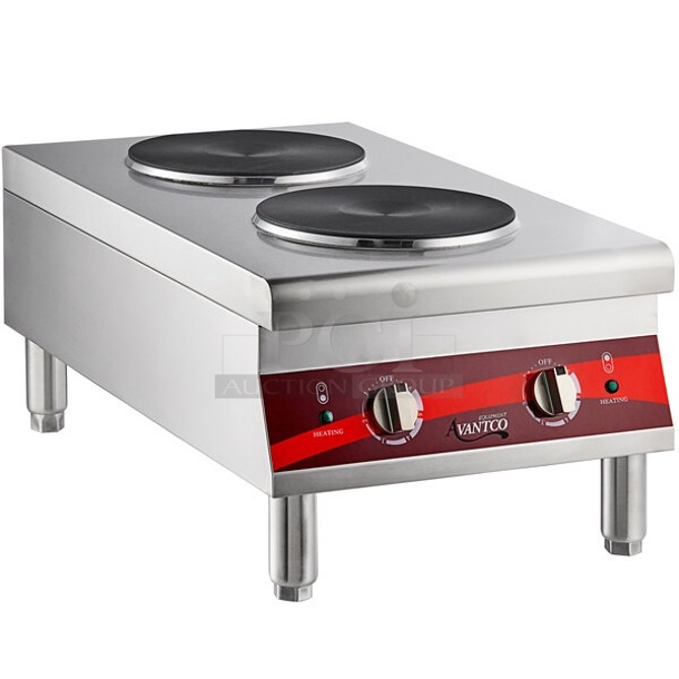 BRAND NEW SCRATCH AND DENT! Avantco 177CER200 Stainless Steel Commercial Countertop Electric Powered 2 Burner Hot Plate Range. 208/240 Volts, 1 Phase. Tested and Working!