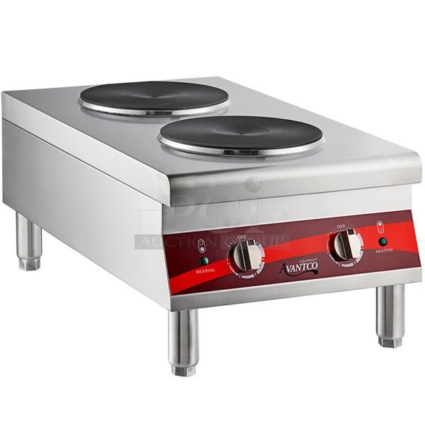 BRAND NEW SCRATCH AND DENT! Avantco 177CER200 Stainless Steel Commercial Countertop Electric Powered 2 Burner Hot Plate Range. 208/240 Volts, 1 Phase. Tested and Working! - Image 1 of 4