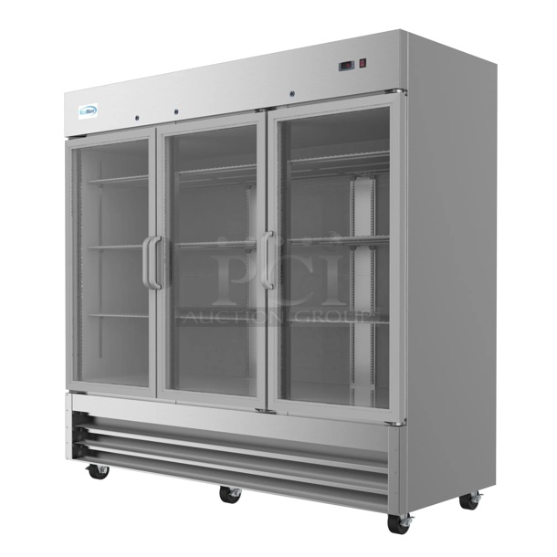 BRAND NEW SCRATCH AND DENT! 2023 KoolMore RIR-3D-GD Stainless Steel Commercial 3 Door Reach In Cooler Merchandiser w/ Poly Coated Racks. 115 Volts, 1 Phase. Tested and Working!