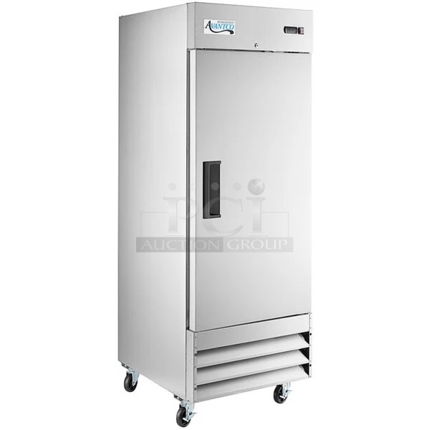BRAND NEW SCRATCH AND DENT! 2023 Avantco 178A23RHC Stainless Steel Commercial Single Door Reach In Cooler w/ Poly Coated Racks on Commercial Casters. 115 Volts, 1 Phase. Tested and Working!