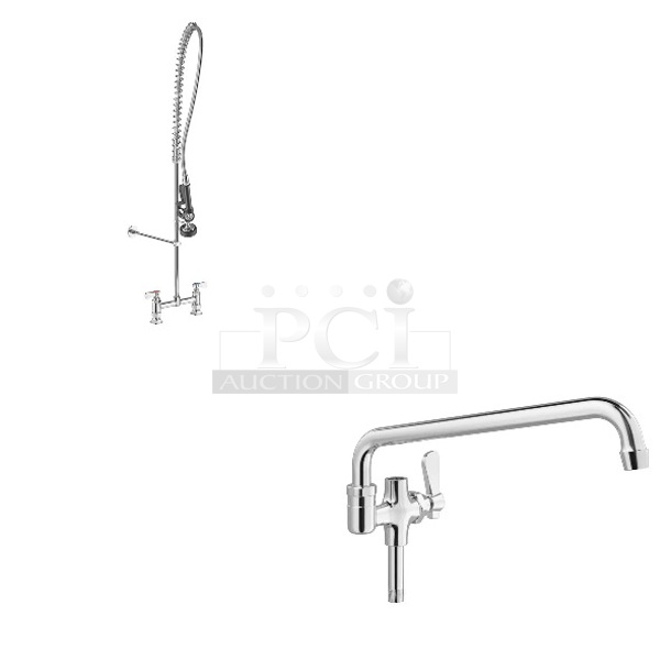 2 BRAND NEW IN BOX! Items Including Regency 600PRD8X 1.15 GPM Deck-Mounted Pre-Rinse Faucet with 8" Centers and Regency 600PRA12 Pre-Rinse Add-On Faucet with 12" Swing Spout. 2 Times Your Bid!  - Image 1 of 6