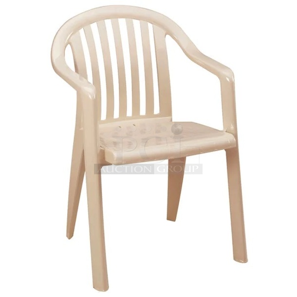 16 BRAND NEW SCRATCH AND DENT! Grosfillex US282366 Miami Sandstone Lowback Stacking Resin Armchair. 16 Times Your Bid!  - Image 1 of 4