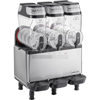 BRAND NEW SCRATCH AND DENT! Narvon NSSM3 Stainless Steel Commercial Countertop Triple 3 Gallon Pourover Granita / Slushy / Frozen Beverage Dispenser. 115 Volts, 1 Phase. Tested and Working!