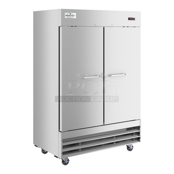BRAND NEW SCRATCH AND DENT! 2024 Mainstreet 829BMR49F Stainless Steel Commercial 54" Solid Door Reach-In Freezer w/ Poly Coated Racks. 115 Volts, 1 Phase. Tested and Working! - Image 1 of 6