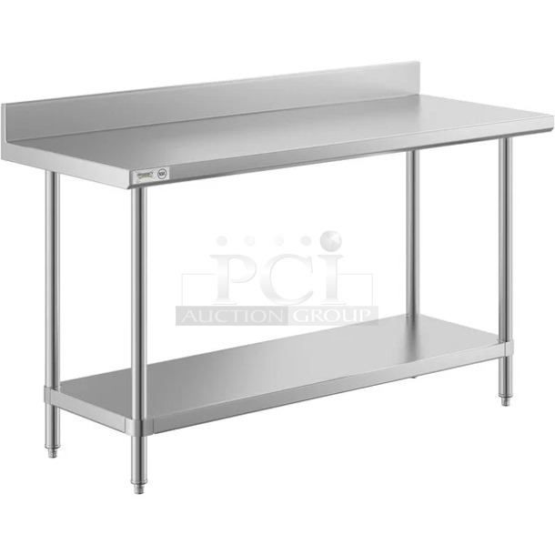 BRAND NEW SCRATCH AND DENT! Regency 600TSB2460S 24" x 60" 16-Gauge Stainless Steel Commercial Work Table with 4" Backsplash and Undershelf - Image 1 of 2