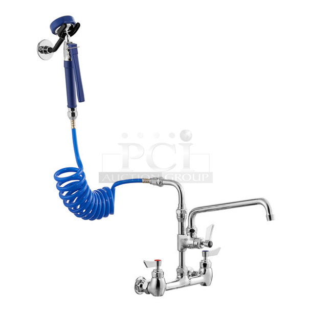 3 BRAND NEW SCRATCH AND DENT! Waterloo 750FWU812 2.6 GPM Wall-Mounted Pet Grooming / Utility Faucet with 8" Centers, 9' Coiled Hose, and 12" Add-On Faucet. 3 Times Your Bid! - Image 1 of 6