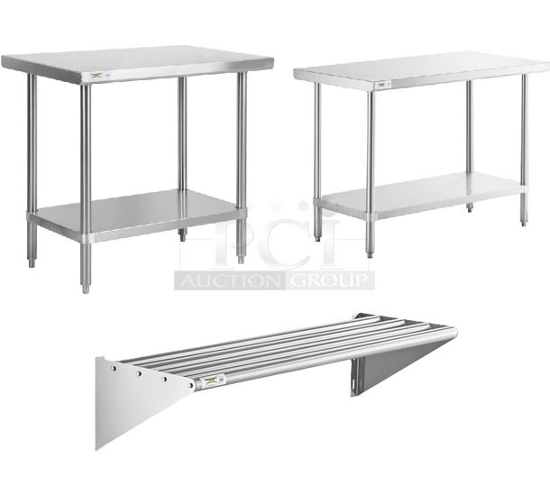 3 BRAND NEW SCRATCH AND DENT! Items; Regency 600TS2436S 24" x 36" 16-Gauge 304 Stainless Steel Commercial Work Table with Undershelf, Regency 600TWMS1648 16" x 48" Stainless Steel Tubular Wall Mounted Shelf, Regency 600TS2448S 24" x 48" 16-Gauge 304 Stainless Steel Commercial Work Table with Undershelf. 3 Times Your Bid! May Be Missing Pieces. - Image 1 of 5