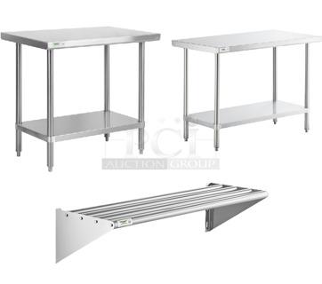3 BRAND NEW SCRATCH AND DENT! Items; Regency 600TS2436S 24" x 36" 16-Gauge 304 Stainless Steel Commercial Work Table with Undershelf, Regency 600TWMS1648 16" x 48" Stainless Steel Tubular Wall Mounted Shelf, Regency 600TS2448S 24" x 48" 16-Gauge 304 Stainless Steel Commercial Work Table with Undershelf. 3 Times Your Bid! May Be Missing Pieces.