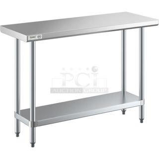 BRAND NEW SCRATCH AND DENT! Regency 600T1848G 18" x 48" 18-Gauge 304 Stainless Steel Commercial Work Table with Galvanized Legs and Undershelf. May Be Missing Pieces. 
