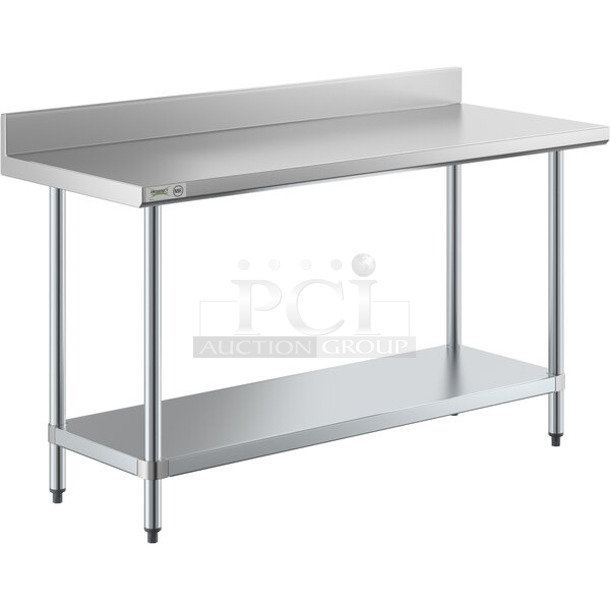 BRAND NEW SCRATCH AND DENT! Regency 600TB2460G 24" x 60" 18-Gauge 304 Stainless Steel Commercial Work Table with 4" Backsplash and Galvanized Undershelf. May Be Missing Pieces.  - Image 1 of 3