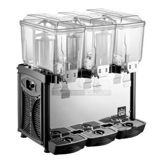 BRAND NEW SCRATCH AND DENT! 2023 Carnival King 382RBD3G3 Stainless Steel Commercial Countertop Triple 3 Gallon Bowl Refrigerated Beverage Dispenser. Missing 1 Drip Tray. 120 Volts, 1 Phase. Tested and Working! 