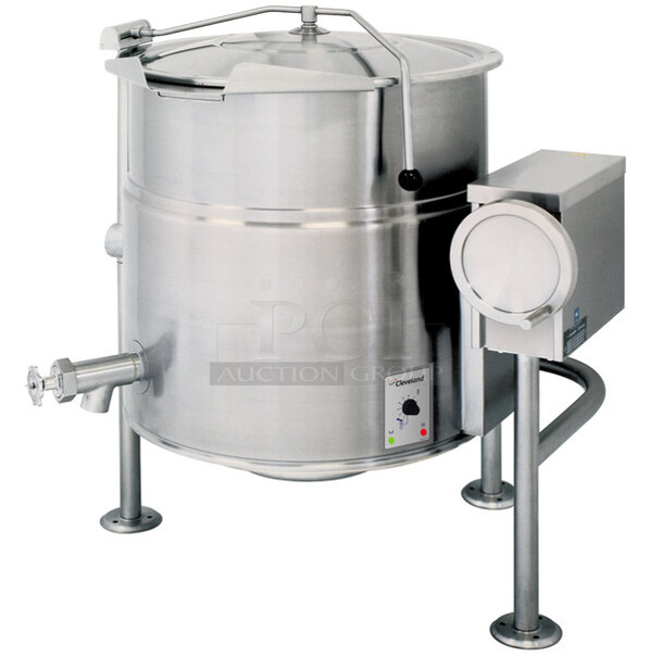 BRAND NEW SCRATCH AND DENT! 2024 Cleveland KEL-40-T Stainless Steel Commercial Floor Style Electric Powered 40 Gallon Tilting 2/3 Steam Jacketed Electric Kettle. 208/240 Volts, 3 Phase.  - Image 1 of 9