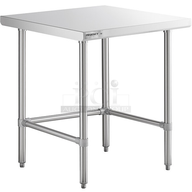 BRAND NEW SCRATCH AND DENT! Regency 600WTS30X30S Spec Line 30" x 30" 14-Gauge 304 Stainless Steel Commercial Open Base Work Table. May Be Missing Pieces.  - Image 1 of 3
