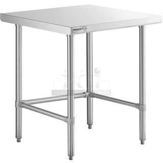 BRAND NEW SCRATCH AND DENT! Regency 600WTS30X30S Spec Line 30" x 30" 14-Gauge 304 Stainless Steel Commercial Open Base Work Table. May Be Missing Pieces. 