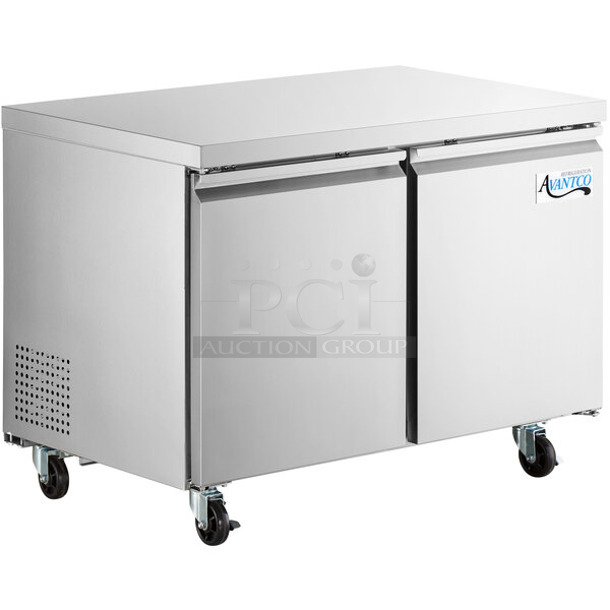 BRAND NEW SCRATCH AND DENT! 2024 Avantco 178SSUC48FHC Stainless Steel Commercial 2 Door Undercounter Freezer on Commercial Casters. 115 Volts, 1 Phase. Tested and Working!  - Image 1 of 6