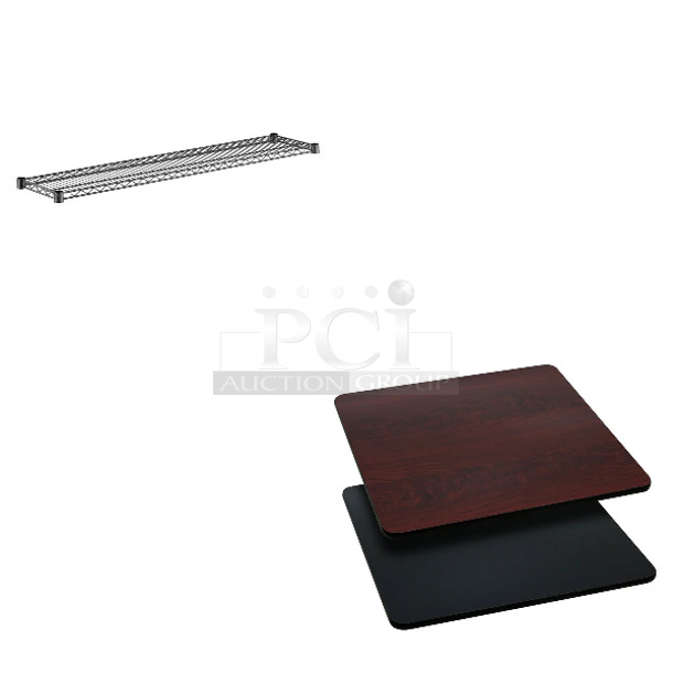 4 BRAND NEW SCRATCH AND DENT! Items; Regency 460EB1254 12" x 54" NSF Black Epoxy Wire Shelf, Flash Furniture XU-MBT-3636-GG 36" x 36" Black / Mahogany Reversible Laminated Square Table Top. 4 Times Your Bid! - Image 1 of 5