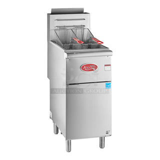 BRAND NEW SCRATCH AND DENT! 2024 Avantco 177FFES50N 45-50 lb. Natural Gas Stainless Steel Floor Fryer w/ 1 Metal Fry Basket. 85,000 BTU