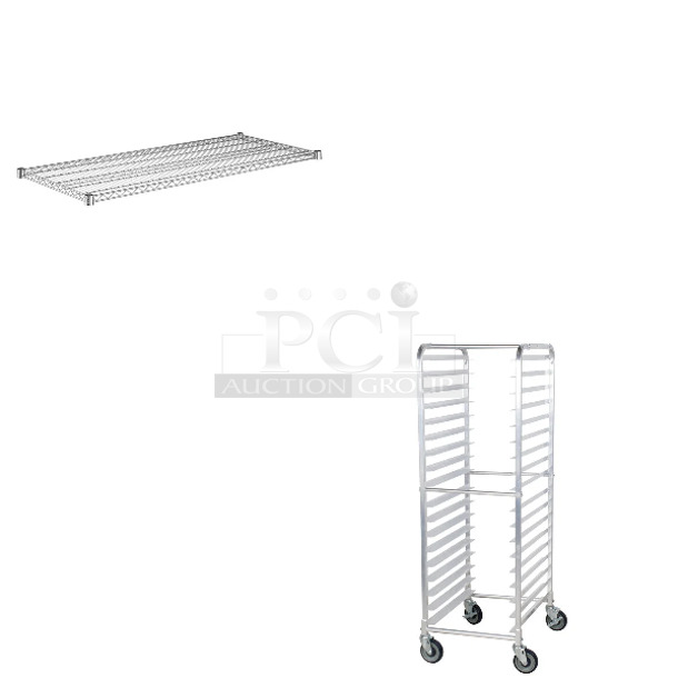 2 BRAND NEW SCRATCH AND DENT! Items Including Regency 460EC2454 24" x 54" NSF Chrome Wire Shelf and Regency 600PR183K 18 Pan End Load Bun / Sheet Pan Rack - Unassembled. 2 Times Your Bid! May Be Missing Pieces.  - Image 1 of 5